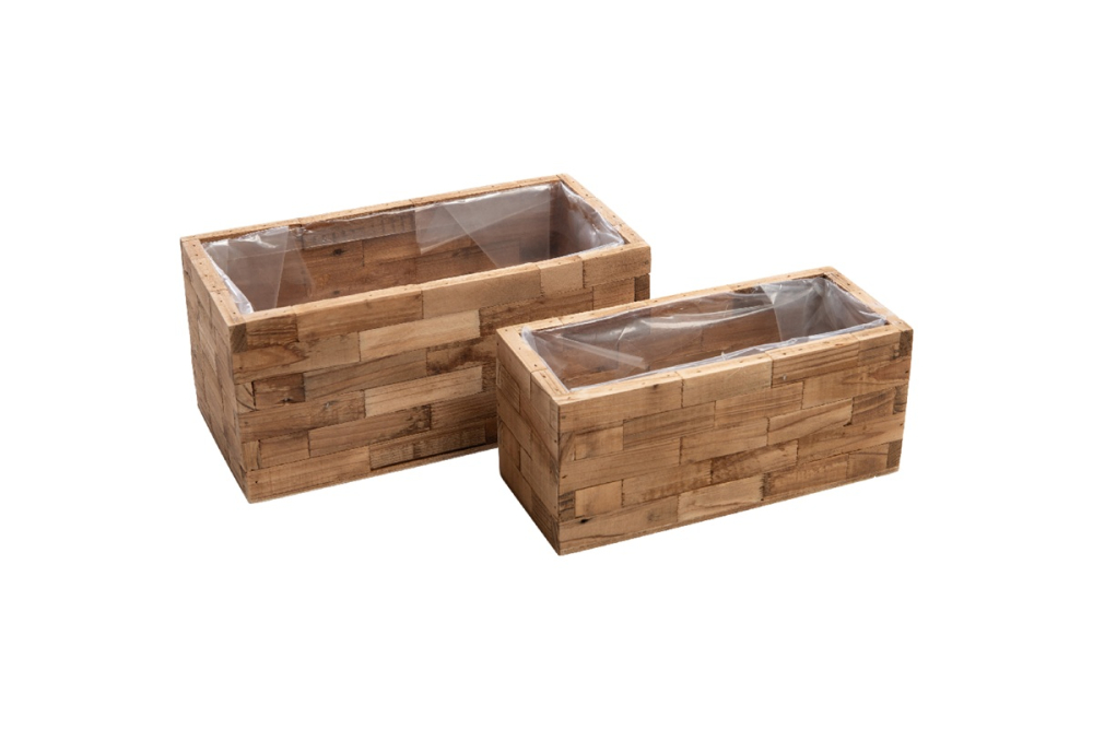 Holzstueckchen-Pflanzkisten S2 rechteckig, natur 24x10x10,5+28x14x12,5cm 03HOB20