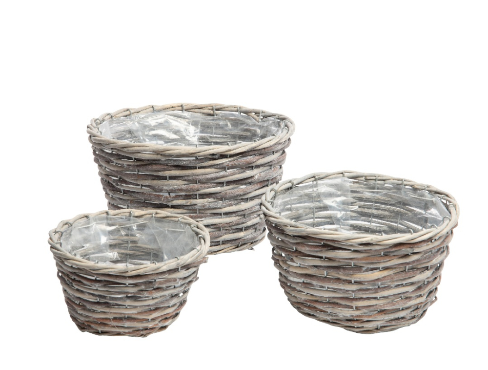 Weide-Pflanzkoerbe rund grau, weiss gew., 18x11+23x13,5+28x16cm 05WEG37