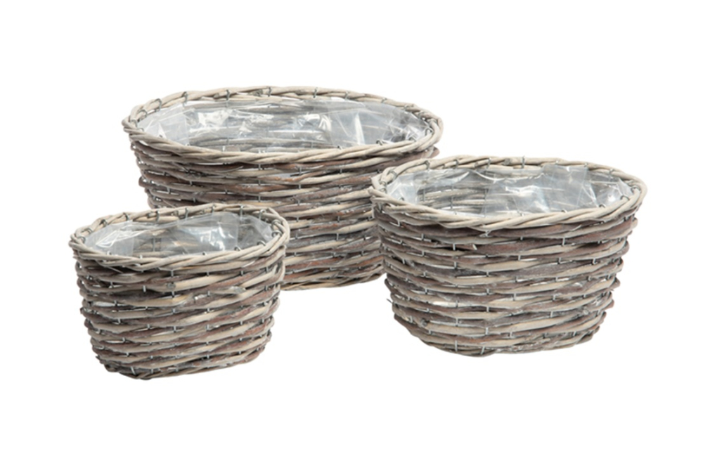 Weide-Pflanzkorb oval grau, weiss gew., D19x14x12+D25x19,5x14+D31x25 05WEG38