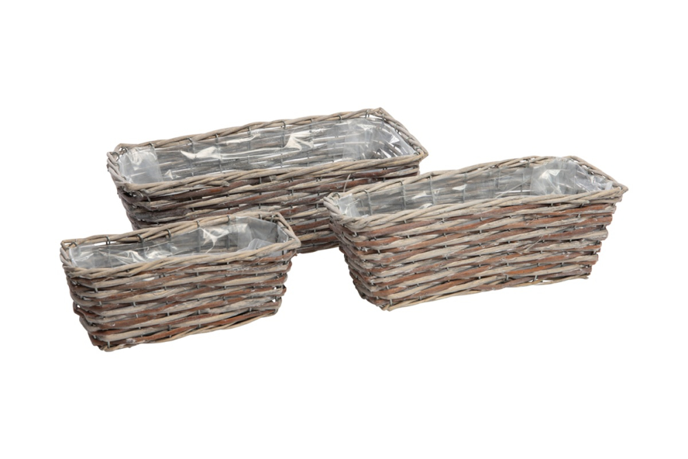 Weide-Pflanzkoerbe rechteckig grau, weiss gew., 25x11x10+35x14x12+40x18x13cm 05WEG42
