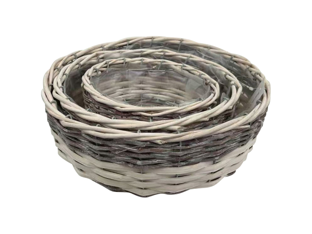 Weide/Holzspan-Pflanzk. S. 3 Stck. rund-flach ceme-grau 18x9+23,5x10+29x11cm 05WHG25