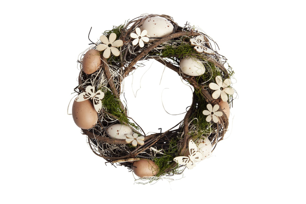 Strauch/Rebe-Osterkranz mit Eiern, Holzblumen/-schmetterlingen natur, DM24x8cm 08OZX00
