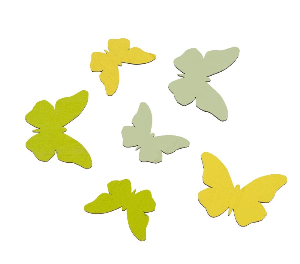 Holstreu 28St.i.Tuete, gruen/gelb Schmetterlinge, ca. 3,5 und 4,5cm 12601232