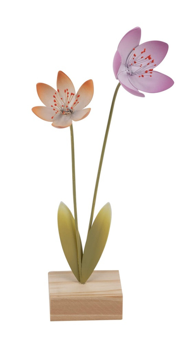 Metallblume m. Holzfuss orange/flieder/gruen, 11x4x22cm 12602032