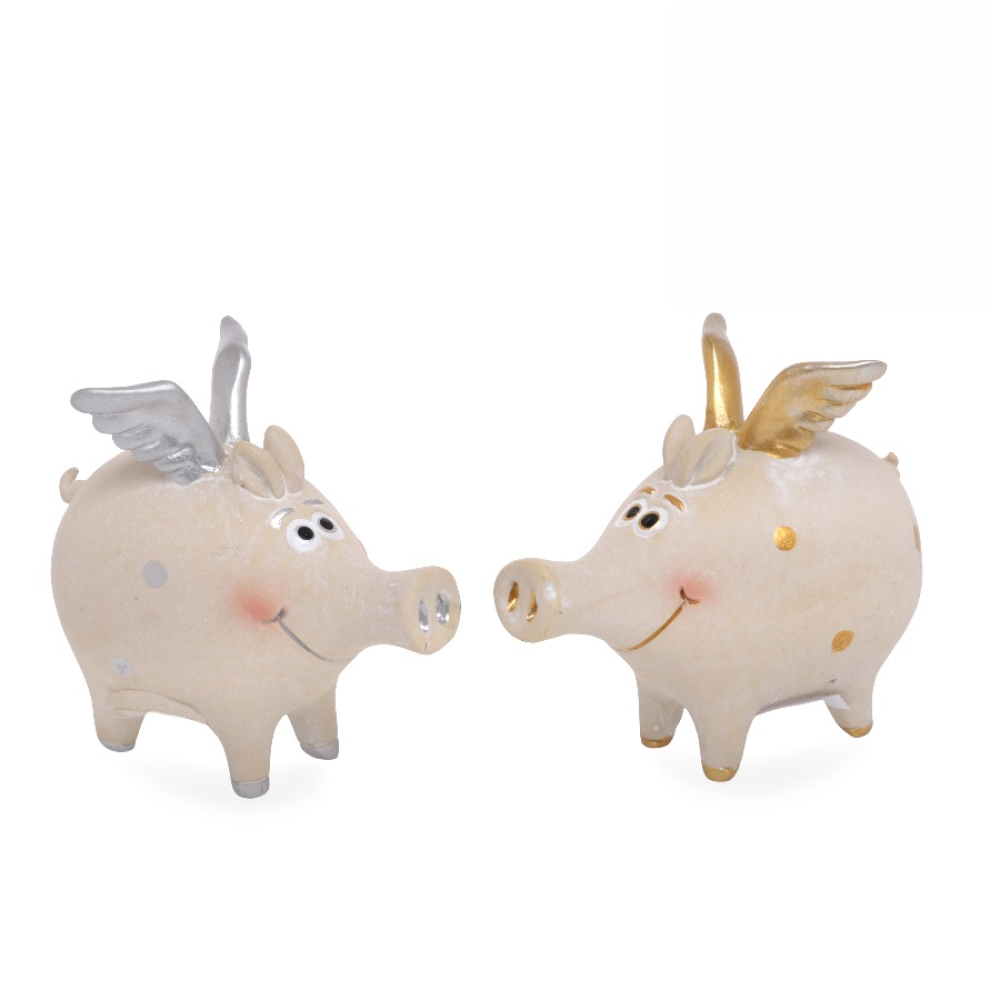 Poly-Gluecksschwein m. Fluegeln 2 sort. gold/silber ca. 6 x 3,5 x 5,5 cm H 23203