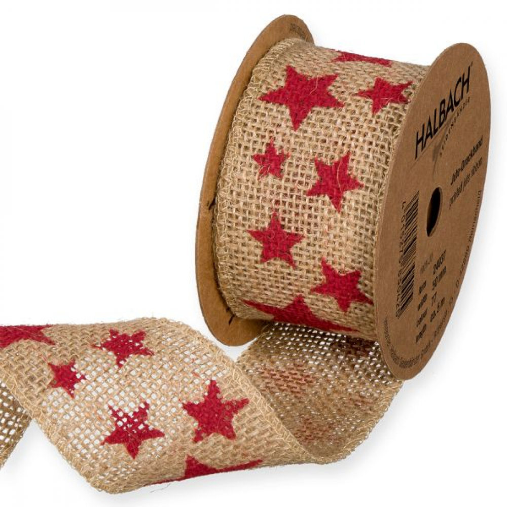 Jute-Druckband Stern natural/red 50mm ca. 5m