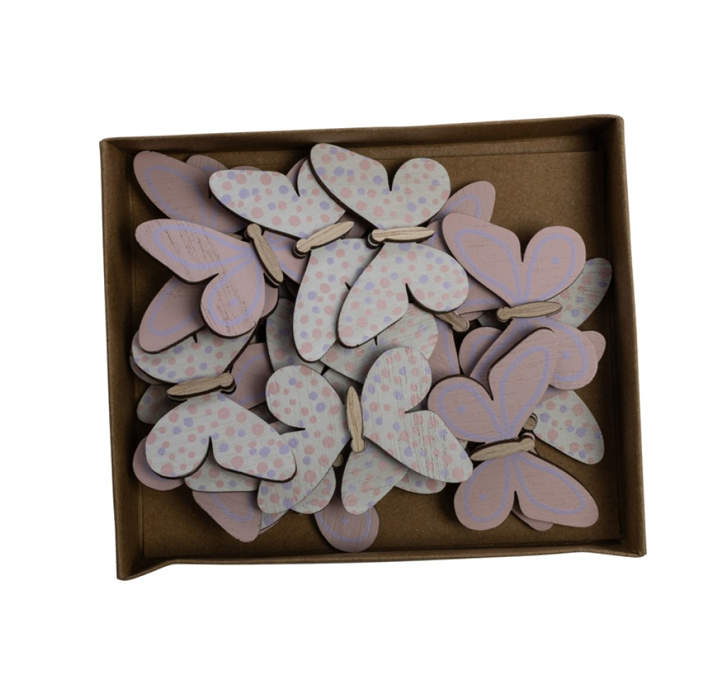 Holz-Schmetterlinge Kt a24 gemustert, sortiert rosa+flieder, 4,5x3x0,3cm 27HOA24