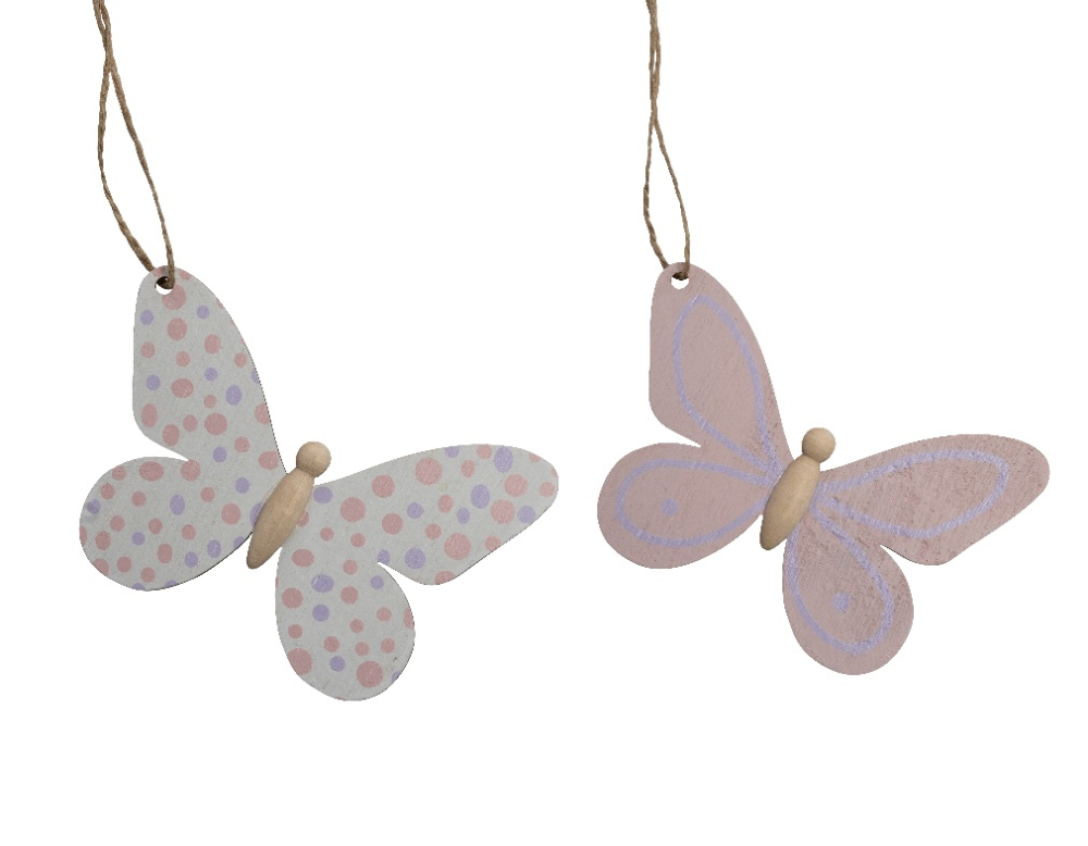 Holz-Schmetterlinge Kt a 4 zum Haengen, gemustert, sort. rosa+flieder, 9x5,5x0,3cm 27HOA25