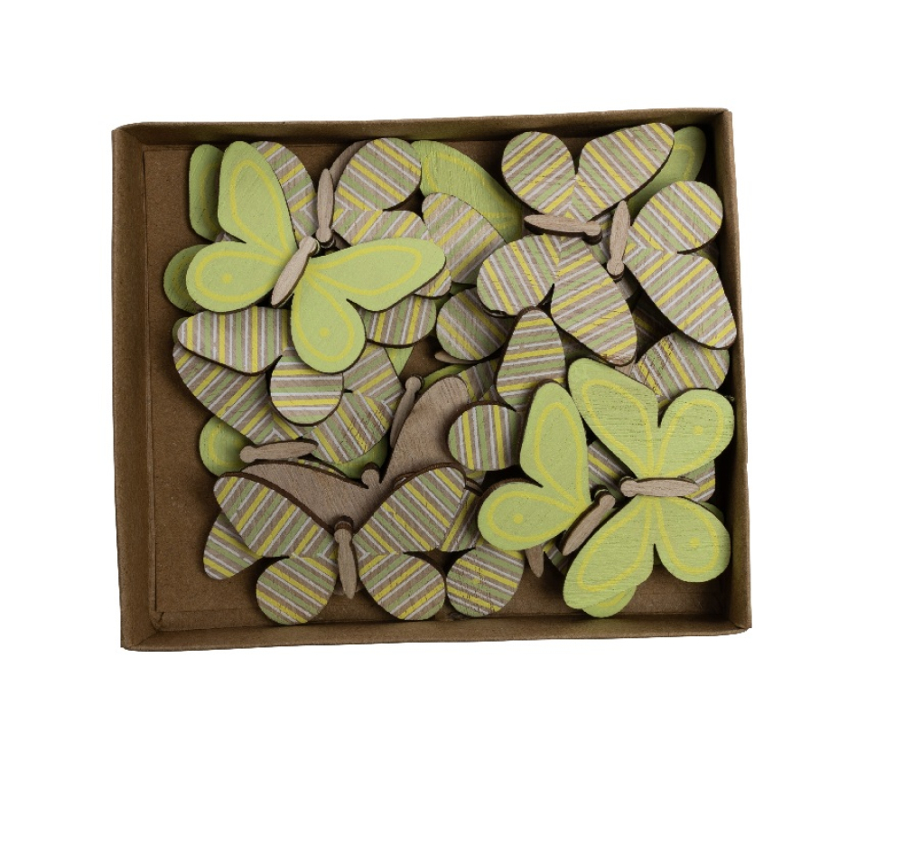 Holz-Schmetterlinge Kt a 24 gemustert, sortiert gelb+gruen , 4,5x3x0,3cm 27HOJ24
