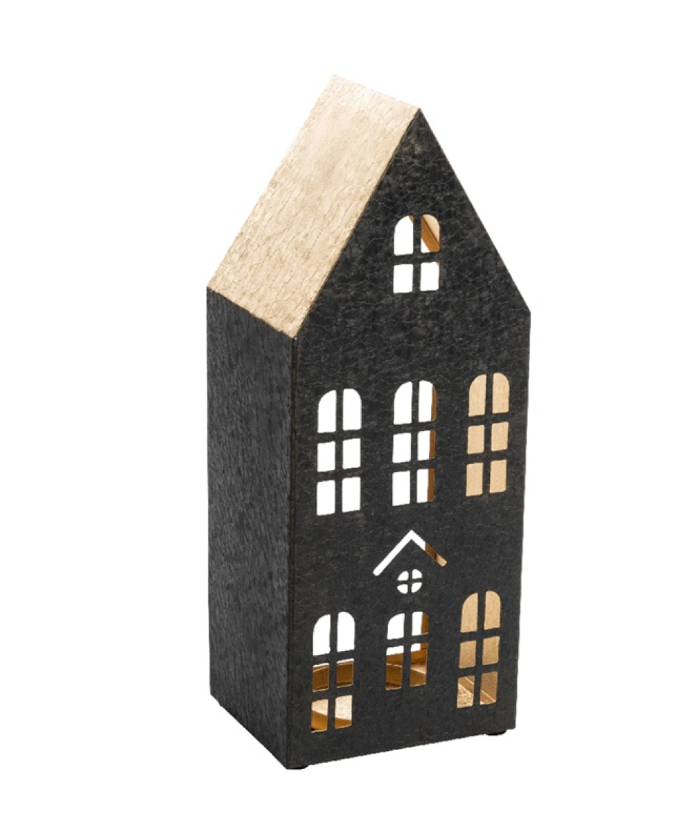 Metall-Haus Windlicht schw.-gold ca.10x10x25cm 31MET29