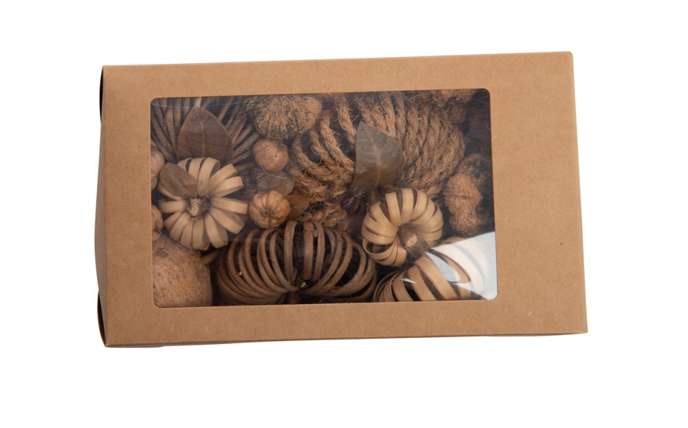 Kuerbis-Mix aus Naturmaterialien in Papier-Box mit Fenster braun/natur, 20x12x6,5cm 44HSB02