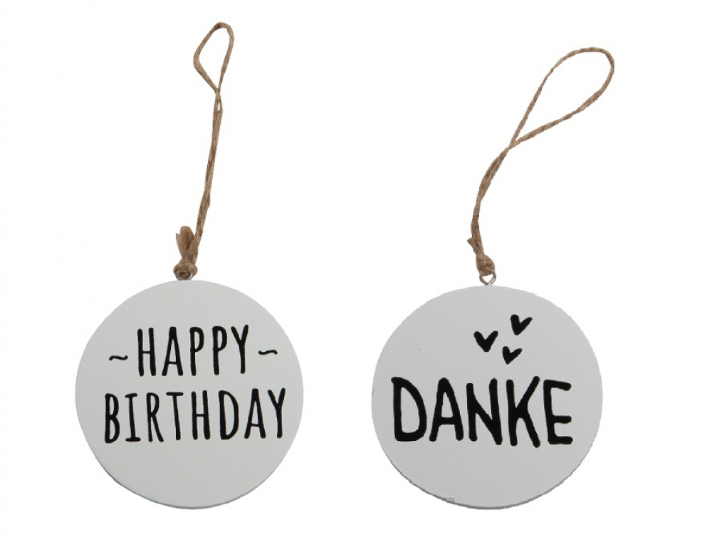 Holz-Anhaenger, sortiert Danke"& "Happy Birthday" weiss, 7x7x0,6cm 50HIW77"