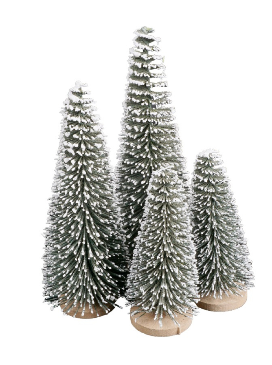 Tannenbaum 3 Groessen H15/13/9cm Dose m. 4 Stueck sort. dk-gruen/beschneit 615881-43