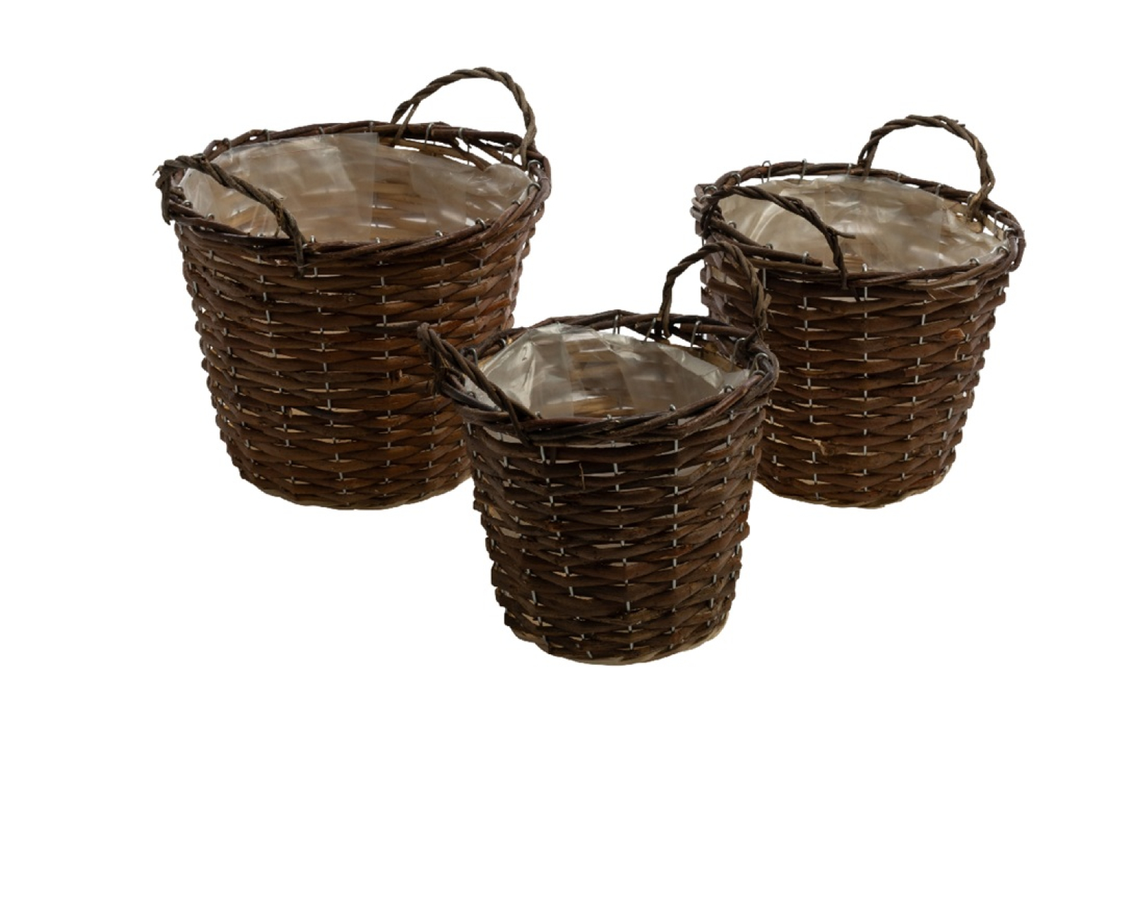 Weiden-Pflanzkoerbe S. 3 Stck. m.Griffen braun 19x21+22x23,5+26x25,5cm 05SWV15