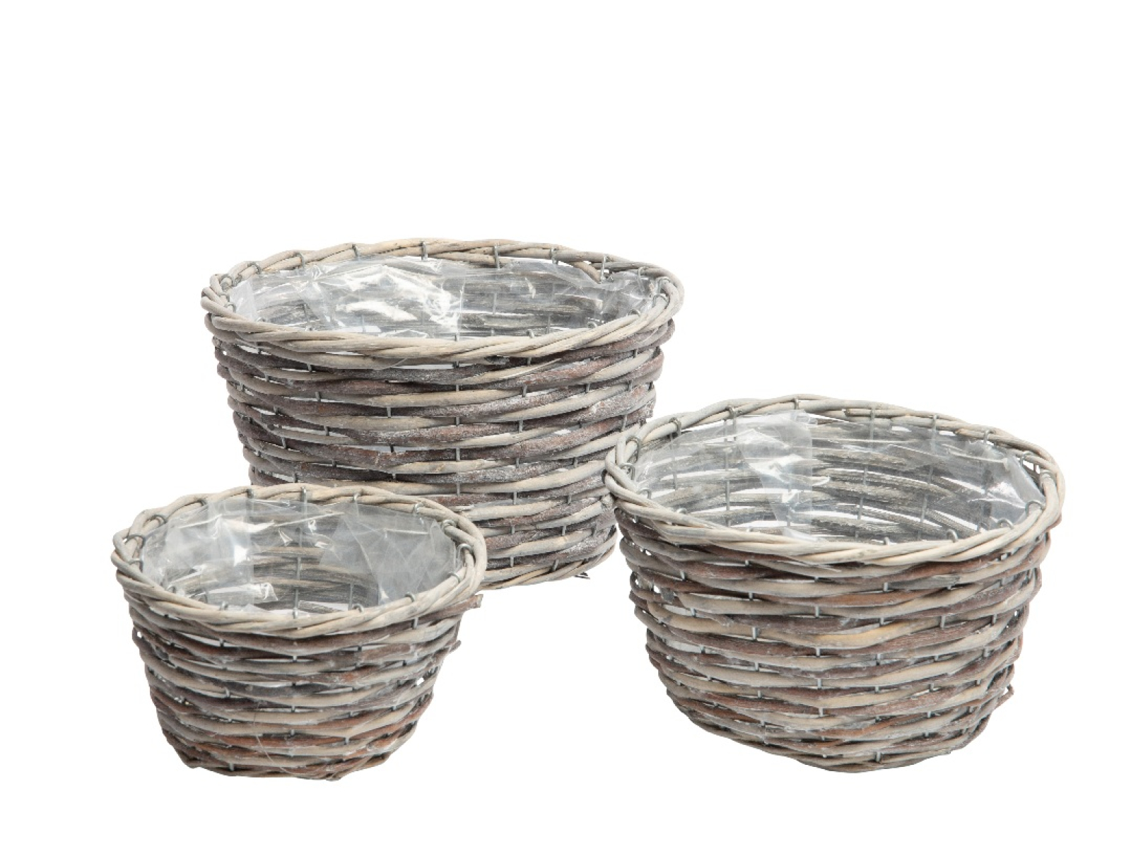 Weide-Pflanzkoerbe rund grau, weiss gew., 18x11+23x13,5+28x16cm 05WEG37
