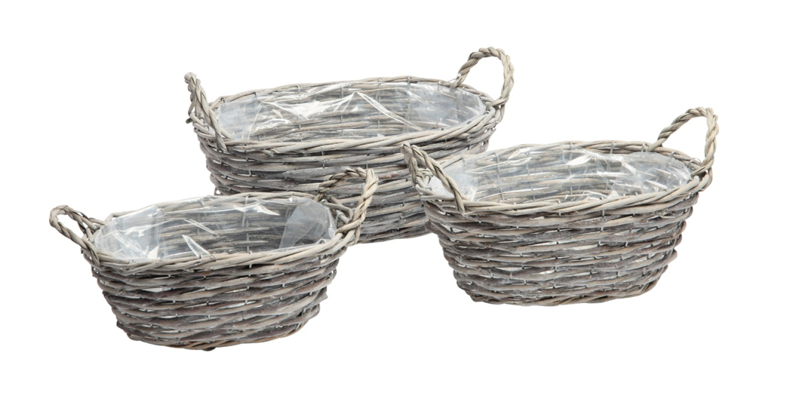 Weide-Pflanzkoerbe S3 oval, mit Henkeln grau, weiss gew., 25x17x10-33x25x13cm 05WEG40