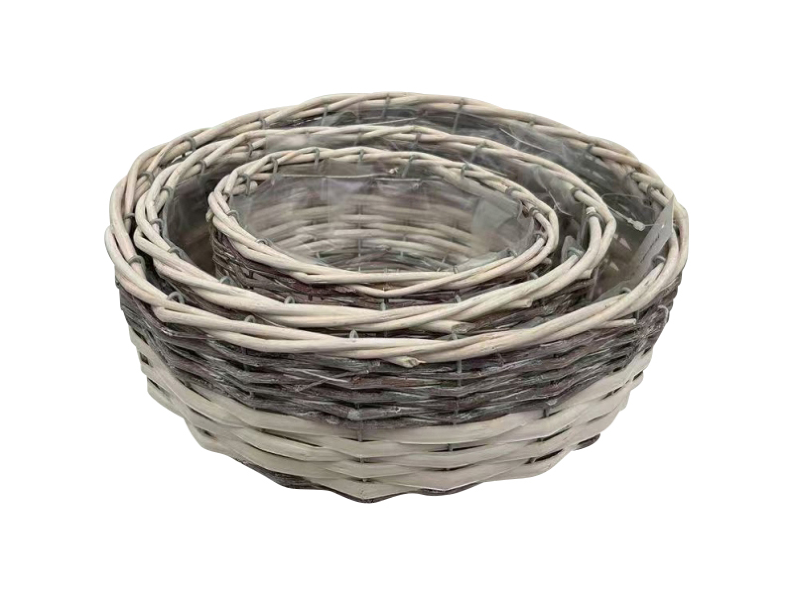 Weide/Holzspan-Pflanzk. S. 3 Stck. rund-flach ceme-grau 18x9+23,5x10+29x11cm 05WHG25