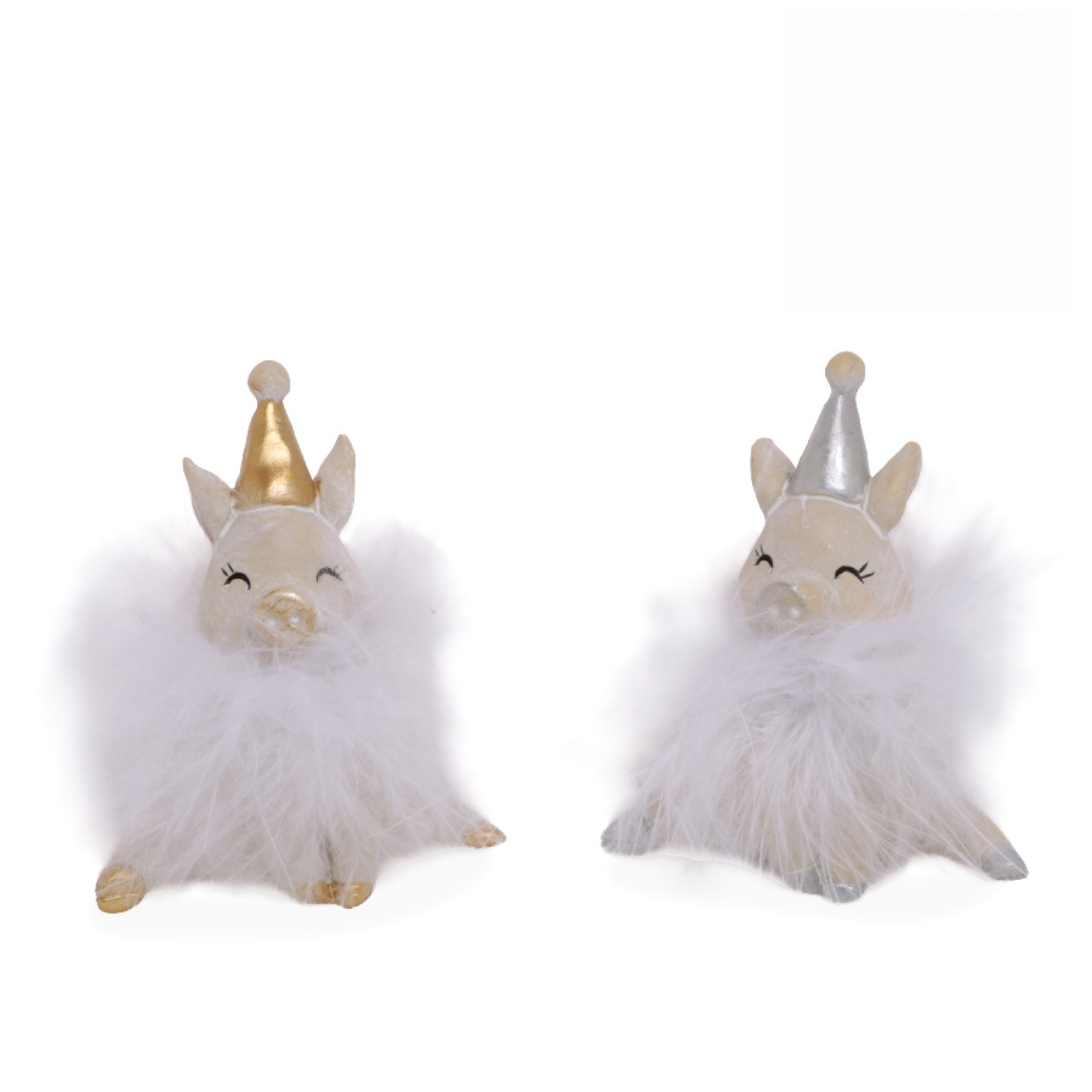 Poly-Gluecksschwein m. Hut u.Federn 2 sort.  ca. 5 x 3 x 6 cm H 23202