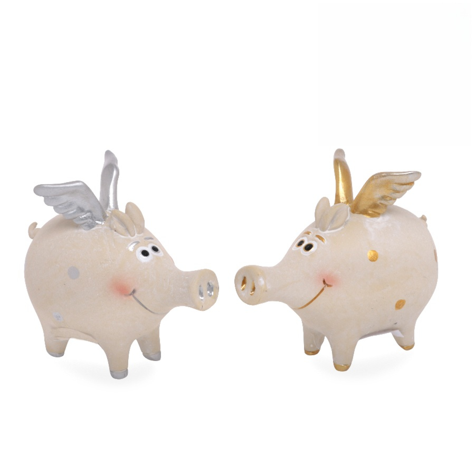 Poly-Gluecksschwein m. Fluegeln 2 sort. gold/silber ca. 6 x 3,5 x 5,5 cm H 23203
