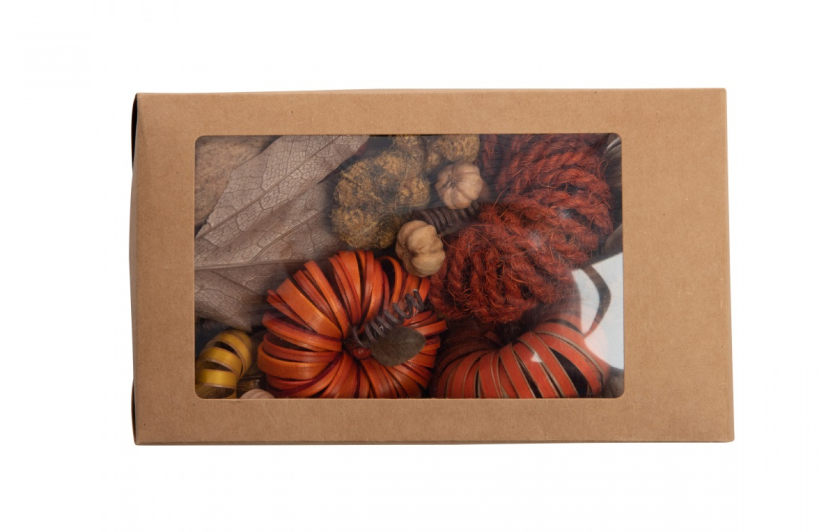 Kuerbis-Mix aus Naturmaterialien in Papier-Box mit Fenster orange/natur, 20x12x6,5cm 44HSO02