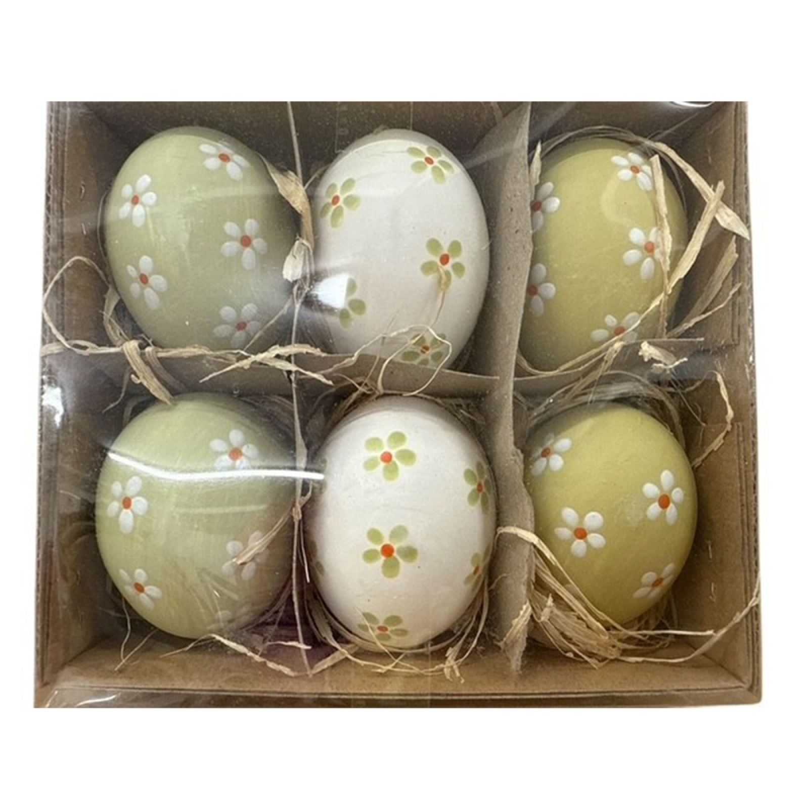 Hühner-Ei z.Haengen Blumen, ca. 6cm, Box a 6 weiss/gruen 618443-87